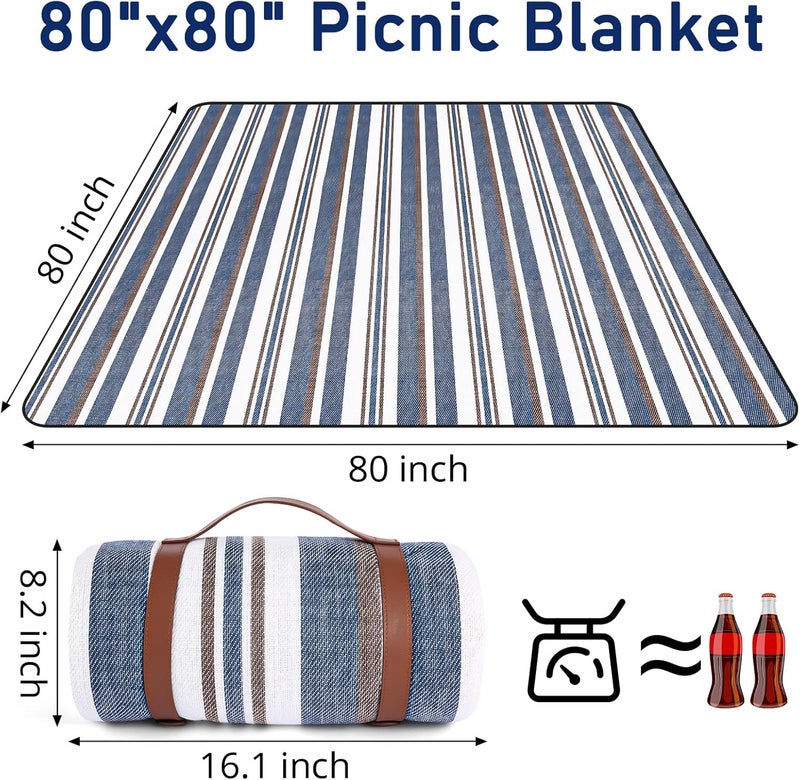 Timirock Striped Picnic Blankets 80” x 80” Extra Large Waterproof and Foldable Beach Blanket, Oversized Blue and White Outdoor Blanket for Camping, Travel, Park, Grass, Patio (Blue & Brown, 80" x 80") - Image 3